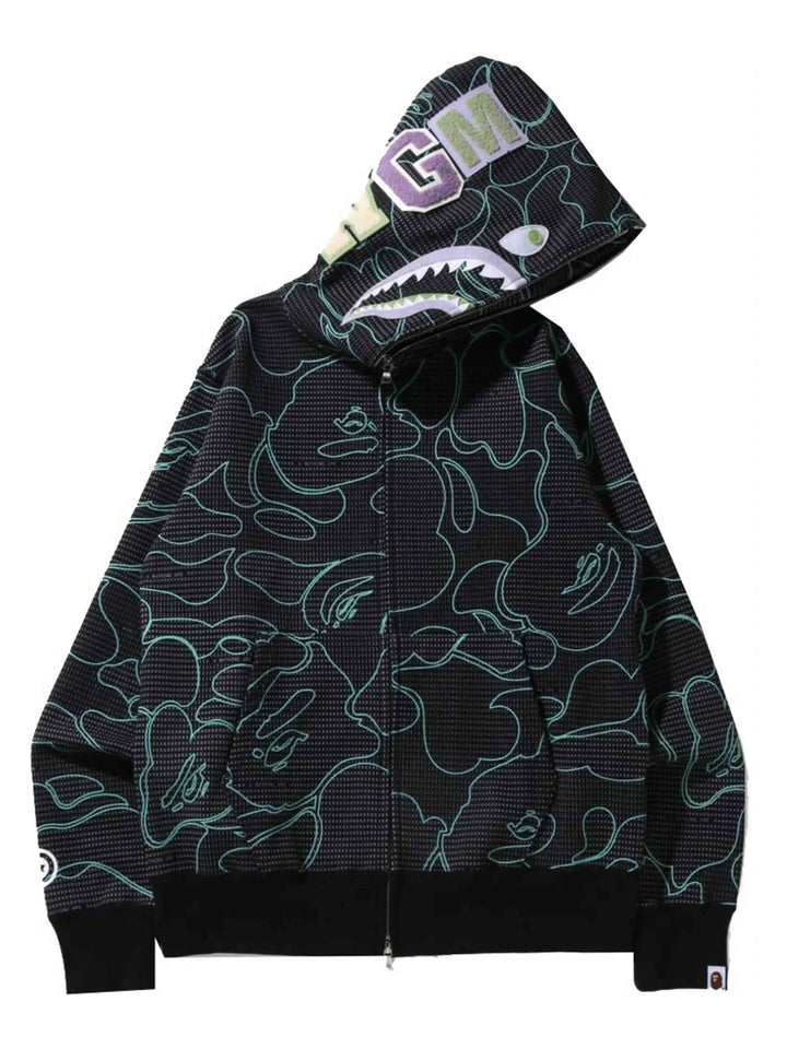 A Bathing Ape Bape Text Code Camo Shark Full Zip Hoodie Black Prior