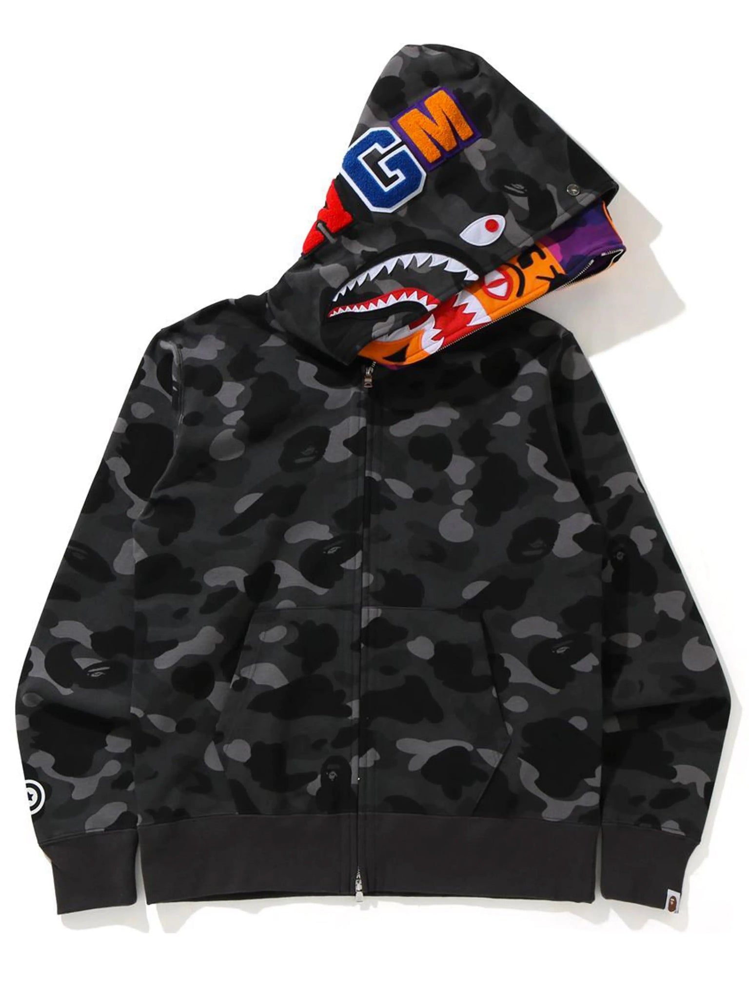 A Bathing Ape Colour Camo Tiger Shark Wide Full Zip Double Hoodie Black (SS21) Prior