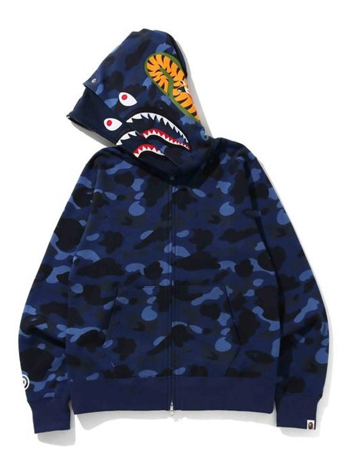 A Bathing Ape Colour Camo Tiger Shark Wide Full Zip Double Hoodie Navy [SS21] Prior