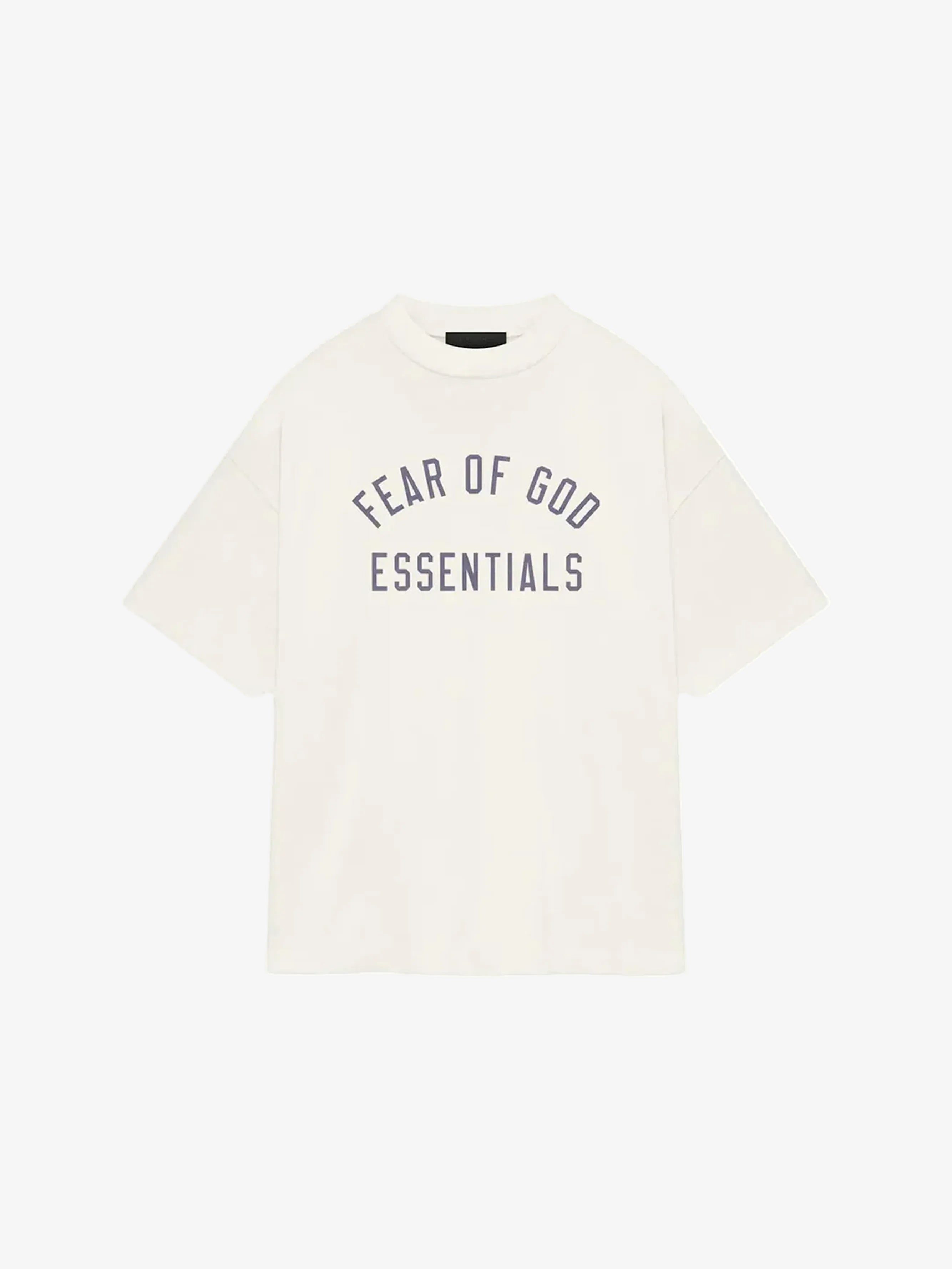A white crewneck t-shirt with 'FEAR OF GOD ESSENTIALS' printed in dark text on the front.