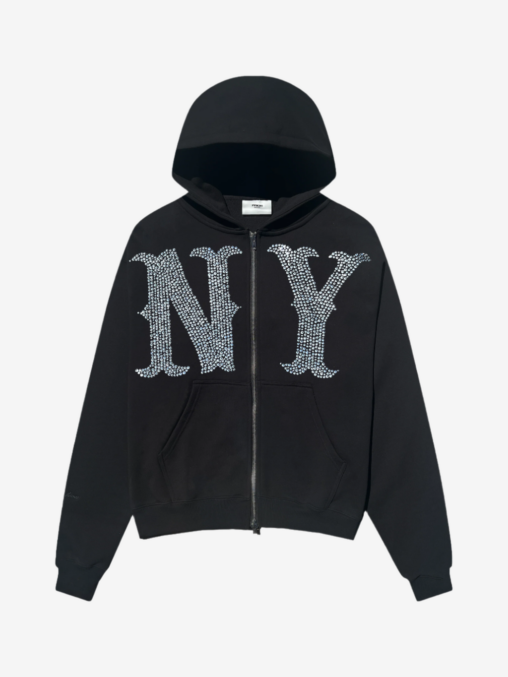 Prior NY Rhinestone Logo Oversized Cropped Zip Up Hoodie Onyx - Prior