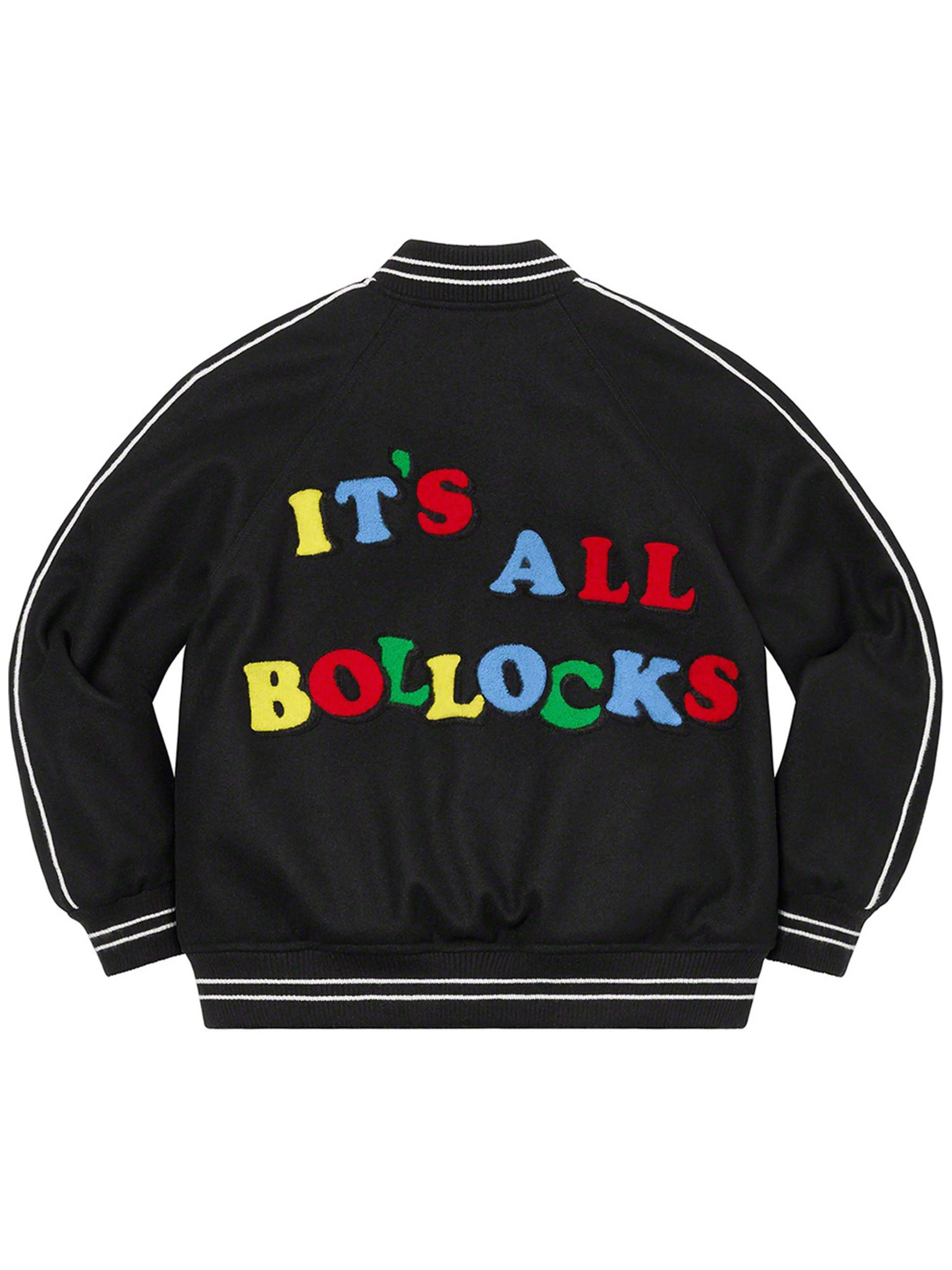 Supreme Jamie Reid It's All Bollocks Varsity Jacket Black [SS21] Prior