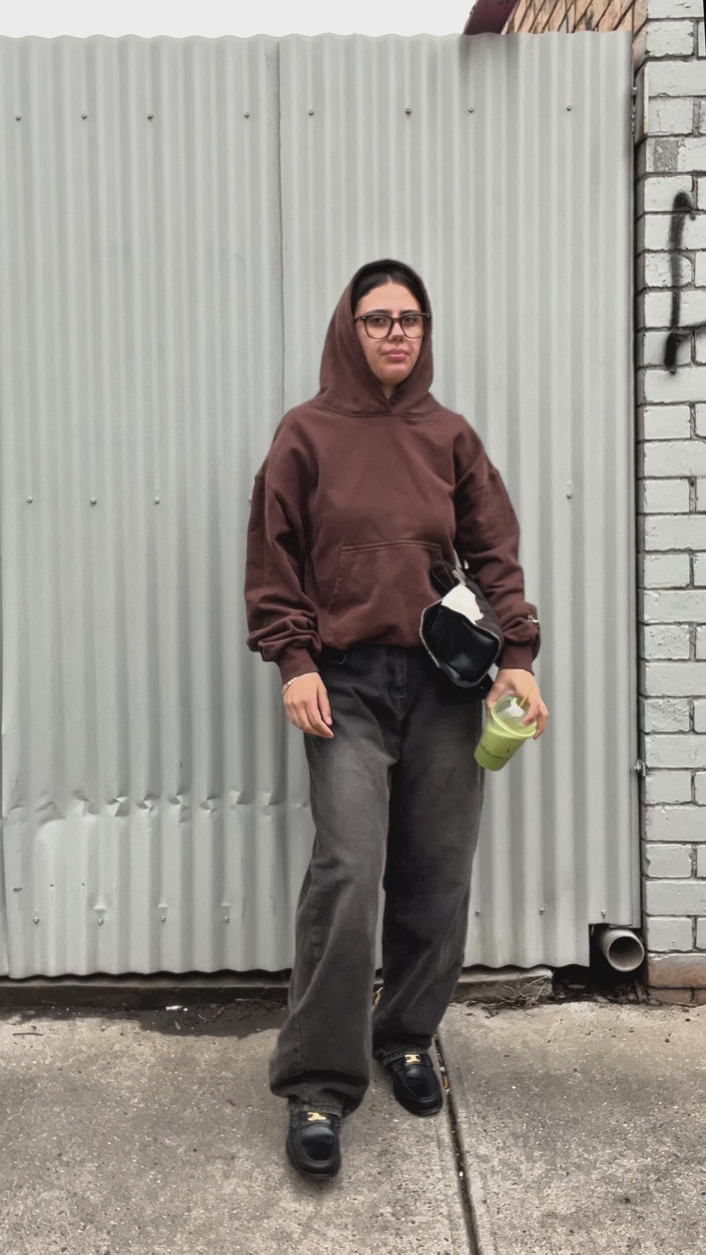 Prior Embroidery Logo Oversized Cropped Hoodie Cocoa