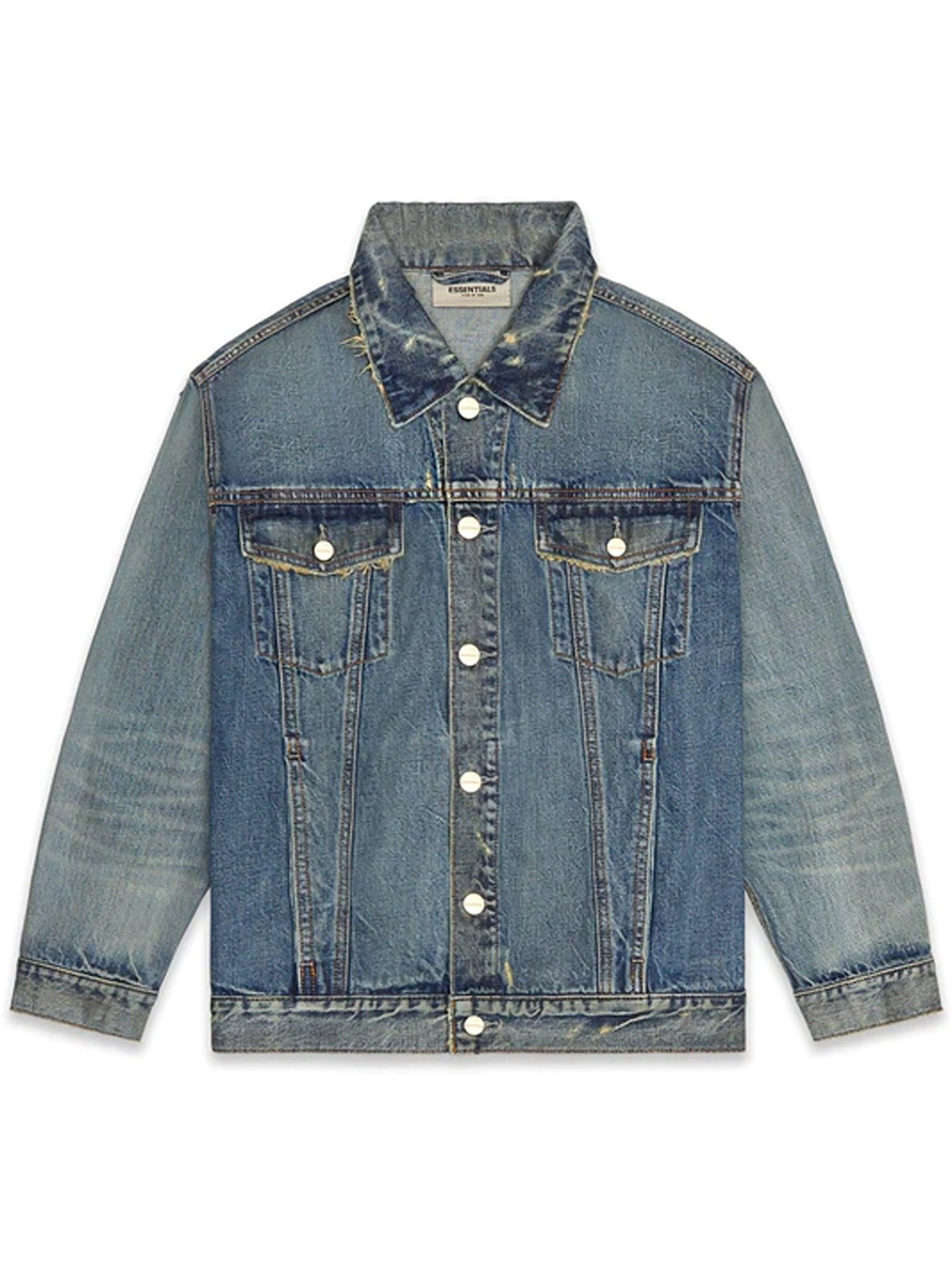 Fear Of God Essentials Distressed Denim Trucker Jacket Indigo [FW20] Prior